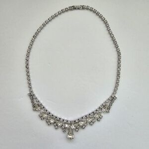 Vintage Clear Rhinestone Bib Necklace Silver Tone Clear High Neck Collar